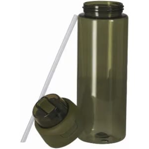 A drink bottle in olive green with a removable lid and a straw. The lid features a logo.