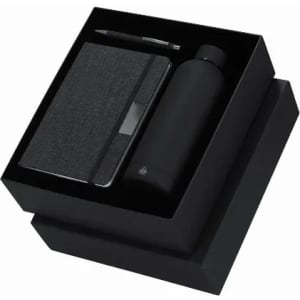 A drink bottle, notebook, and pen, all in a sleek black gift box. The items feature a minimalist design.