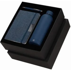 A drink bottle, a notebook, and a pen in a black box. The bottle is blue, and the notebook features a denim-like design.