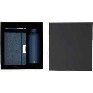 A drink bottle and a notebook, both in navy blue, displayed inside a black box, alongside a pen.