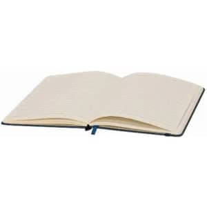 An open lined notebook with cream pages and a navy blue cover. It has a ribbon bookmark.