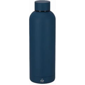 A drink bottle in a deep blue colour with a sleek design and a matching cap. It features a logo on the base.