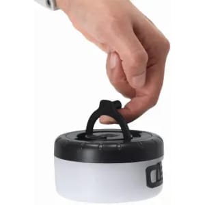 A drink bottle with a black lid and a white body, featuring a handle for easy carrying.