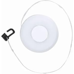 A drink bottle in white with a circular design and a black attachment hook.