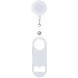A bottle opener keychain in white, featuring a circular attachment and a hook for convenience.
