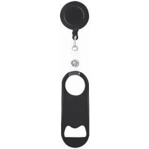 A drink bottle opener in black features a retractable reel for easy access. It has a circular mounting base.