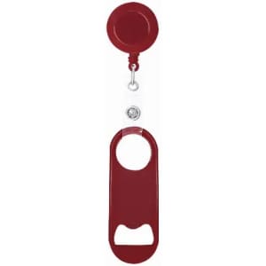 A drink bottle opener with a retractable reel, featuring a deep red colour and a circular attachment at the top.