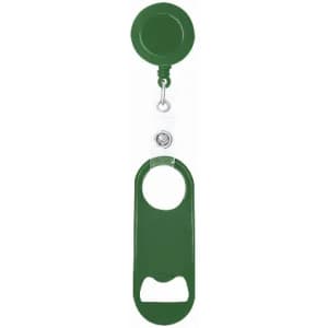 A bottle opener on a retractable reel in green, with a circular attachment at the top.