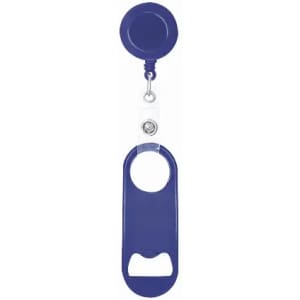 A blue retractable badge holder with a bottle opener feature, attached by a clear cord.