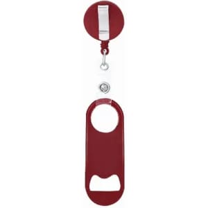 A bottle opener in burgundy with a metal clip for attachment, featuring a circular top and traditional bottle opener design.