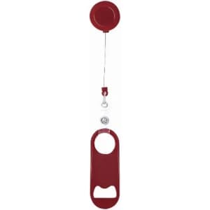 A drink bottle opener in deep red, featuring a retractable cord and a circular attachment for convenience.