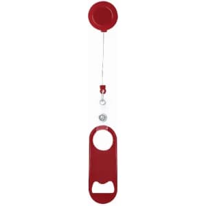 A drink bottle opener in red, featuring a retractable cord and a bottle opener at the end. It has a branding logo.
