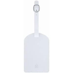 A luggage tag in white leather with a strap and a metal buckle, featuring a simple design.