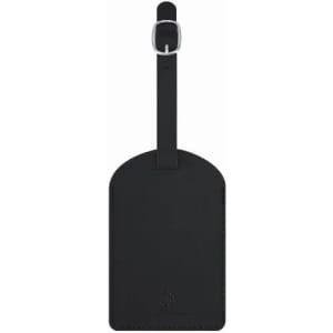 A black leather luggage tag with a looped strap and a smooth finish. It features a simple, elegant design.