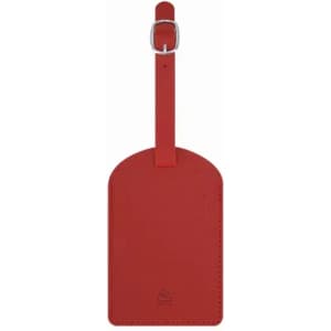 A luggage tag in red leather with a strap and a silver buckle. It features a branding logo on the surface.