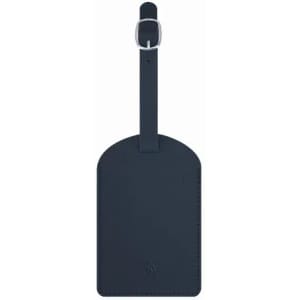 A navy blue luggage tag made of leather with a slot for personal identification. Features a strap for attachment.