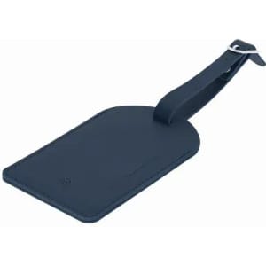 A luggage tag in navy blue leather with a strap for attachment. It features a logo on the surface.