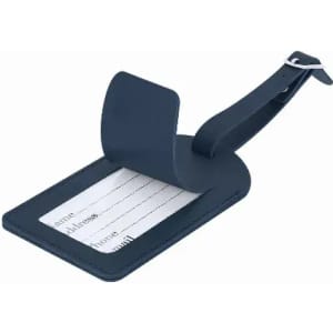 A navy blue luggage tag with a clear window for information, featuring a strap for attachment.