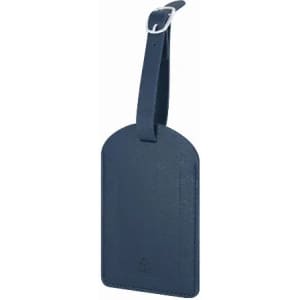 A luggage tag in navy blue with a strap for attachment. It features a simple, sleek design.
