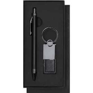A gift set featuring a black pen, keyring, and an item holder in a sleek black presentation box.