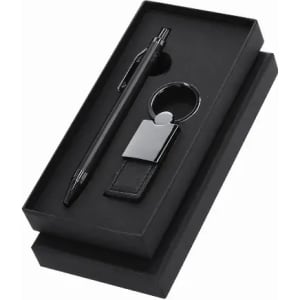 A gift set containing a black pen and keyring, presented in a sleek black box.