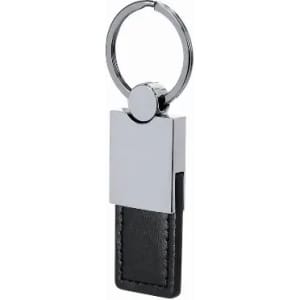 A keyring featuring a sleek silver metal design with a black leather accent. It includes a round key attachment.