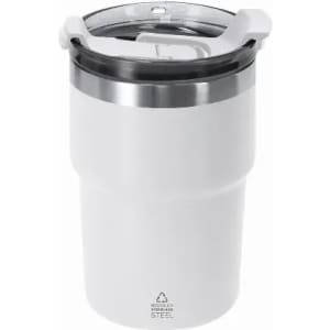 A travel mug in white with a stainless steel band and a clear lid. Features a logo on the side.
