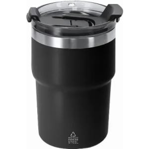 A travel mug in matte black stainless steel with a clear lid and a logo.