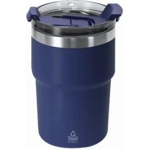 A drink bottle in navy blue with a stainless steel base and a clear, removable lid featuring a slider opening.