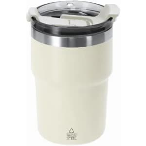 A travel mug in a creamy white colour with a stainless steel band and a lid, featuring a logo.
