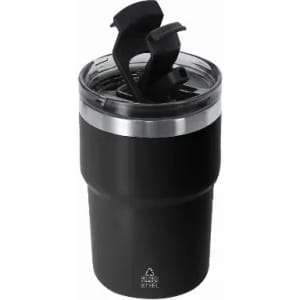 A drink bottle in sleek black stainless steel with a clear, spill-proof lid and a bold opening mechanism.