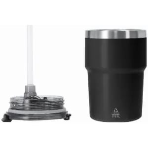 A travel mug with a black stainless steel exterior and a clear straw, featuring a silver rim and base.