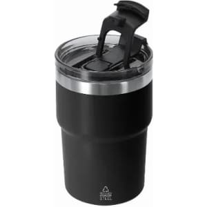 A travel mug with a black exterior and a transparent lid, featuring a silver band near the top and a logo.