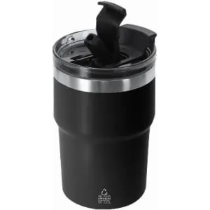 A black travel mug with a silver band at the top and a flip lid, featuring a logo on the front.