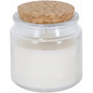 A glass jar candle with a cork lid, featuring a white wax interior and a minimalist design.