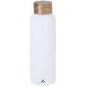A drink bottle in white with a wooden lid, featuring a simple and sleek design. It has a branding logo.