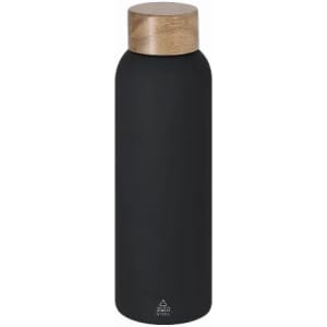 A drink bottle in matte black with a wooden lid and a round, sleek design. It features a logo on the base.