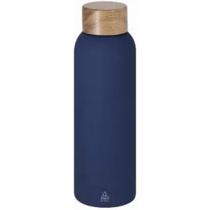 A drink bottle in navy blue with a wooden lid and a simple design featuring a logo.