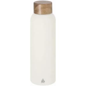 A drink bottle in white with a natural wood lid and a sleek design, featuring a simple logo.