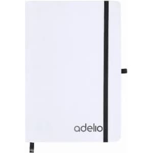 A white notebook with a black elastic band and a black logo on the bottom right corner. Contains two black ribbon bookmarks.