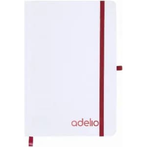 A white notebook with a red elastic band and a matching bookmark, featuring a logo in the bottom corner.