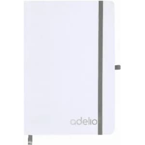 A notebook featuring a white cover with a grey elastic band and a logo on the front.