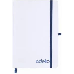 A white notebook with a blue elastic band and a blue strap, featuring a logo on the bottom right.