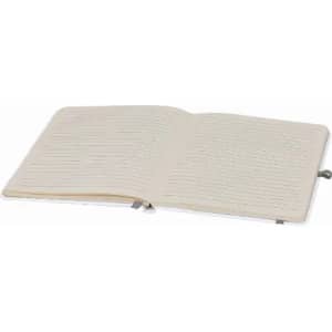 An open notebook with cream-coloured pages and lined sections, featuring a simple design and a ribbon bookmark.