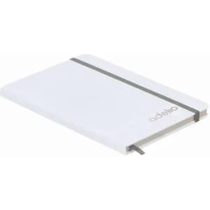 A white notebook with a grey elastic band and a white ribbon bookmark. It features a logo on the cover.