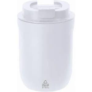 A drink bottle in white, made from stainless steel, featuring a lid and a simple design with a brand logo.