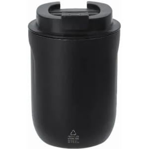 A drink bottle with a sleek black design and a secure lid, featuring a branding logo. Made from stainless steel.
