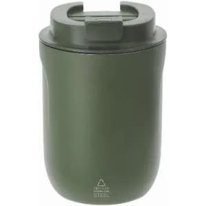 A drink bottle in olive green, featuring a lid with a handle and a sleek design. It has a logo on the front.