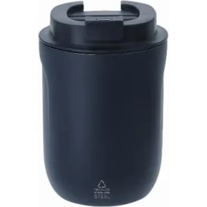 A drink bottle in matte black stainless steel with a lid, featuring a simple logo on the front.
