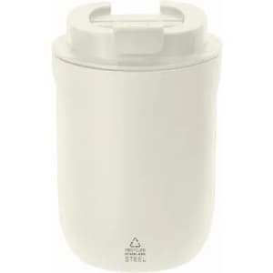 A drink bottle in white stainless steel with a lid and a logo at the base.